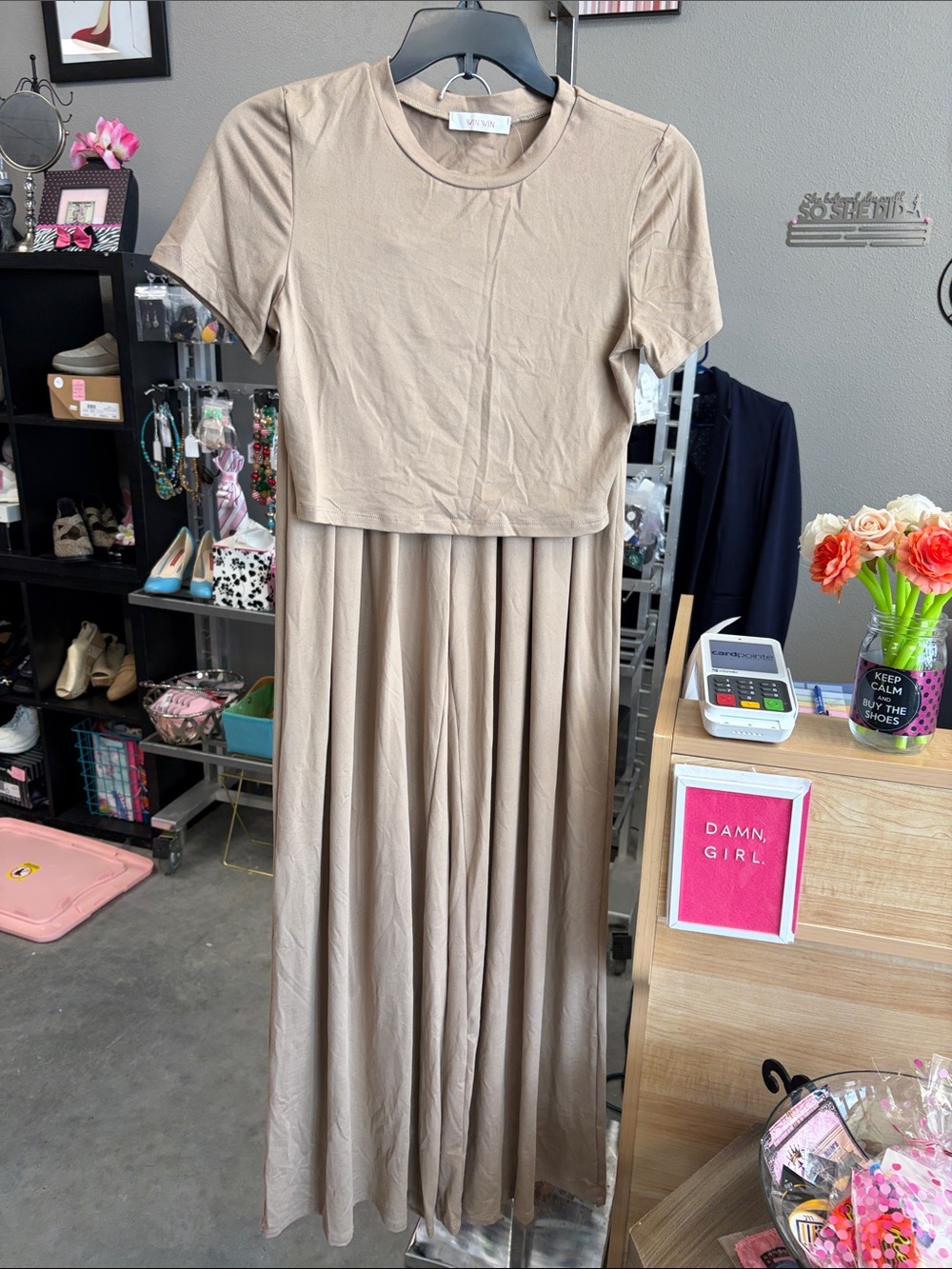 WinWin Taupe Short-Sleeve Pleated Maxi Dress